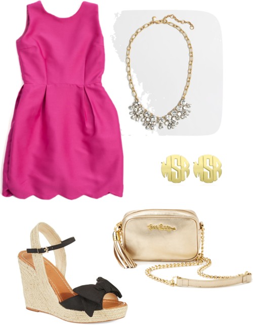 Pink Scallop Dress; Bow Wedge Heels